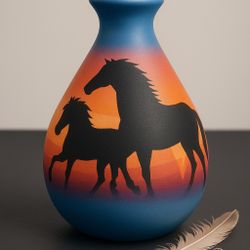 Hozoni Pottery USA 1990s Native American Sunset Horses Vase, Signed, 8”