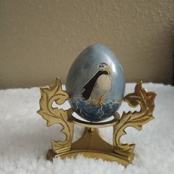 Vintage Marble / Agate Egg With Brass Stand Penguin Design