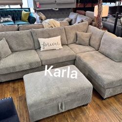 Beautiful 3-Pc Corduroy Sectional Sofa With Storage Ottoman + USB Ports
