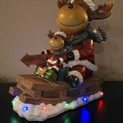 Moose Family on Sleigh With Multi Color LED Lights