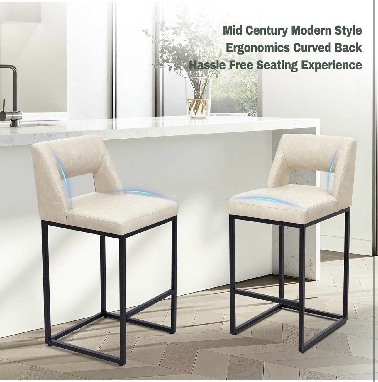 Counter Height Bar Stools Set of 2 for Kitchen Counter Modern Bar Chairs with Backs for Kitchen Island with Upholstered Faux Leather Seat and Metal Fr