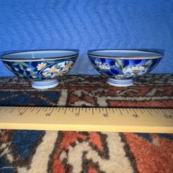 2 Japanese Vintage Porcelain Blue Floral Rice Bowls