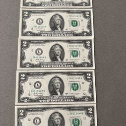 5 Sequential $2 Bills – Crisp Condition 
