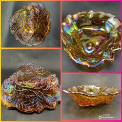 Vintage Indiana Iridescent Marigold Carnival Glass Loganberry Leaf Dish 7"