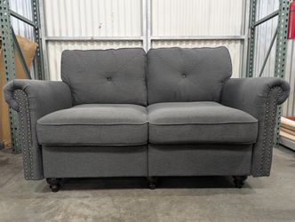 SOLD - Dark Gray Fabric Loveseat with Nailhead Trim