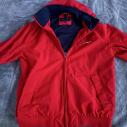 Tommy Hilfiger Red Hooded Windbreaker Jacket Zip Logo Zipper Men Size L/G