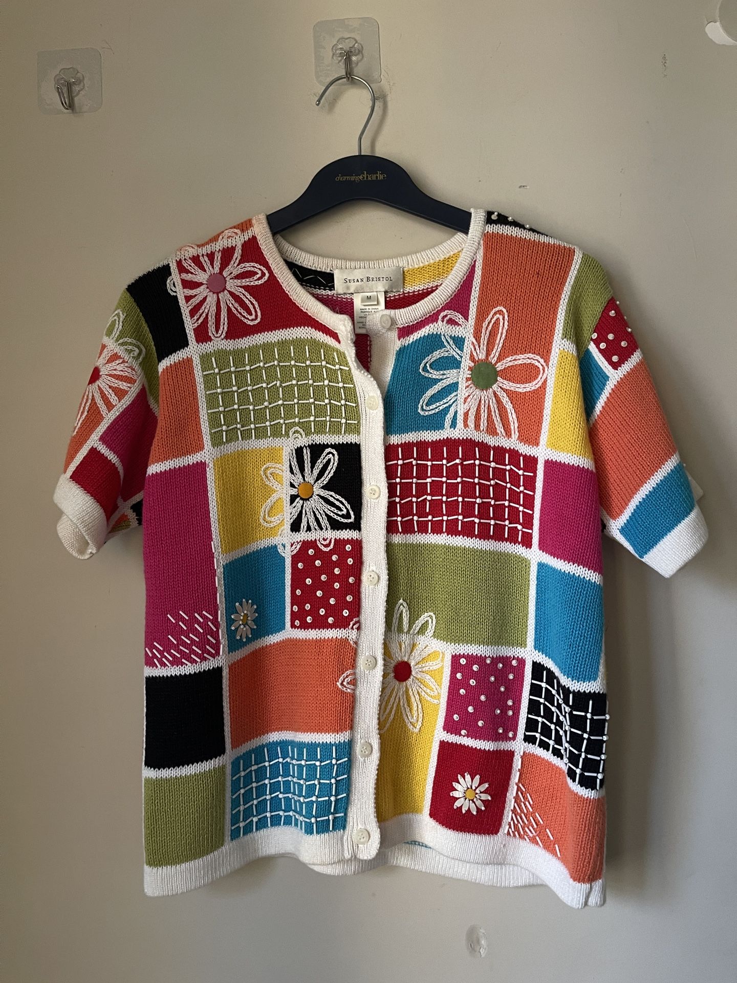 VTG Susan Bristol Embellished Sweater/Cardigan-Sz PM-Beads Embroidered-Sh Sleeve