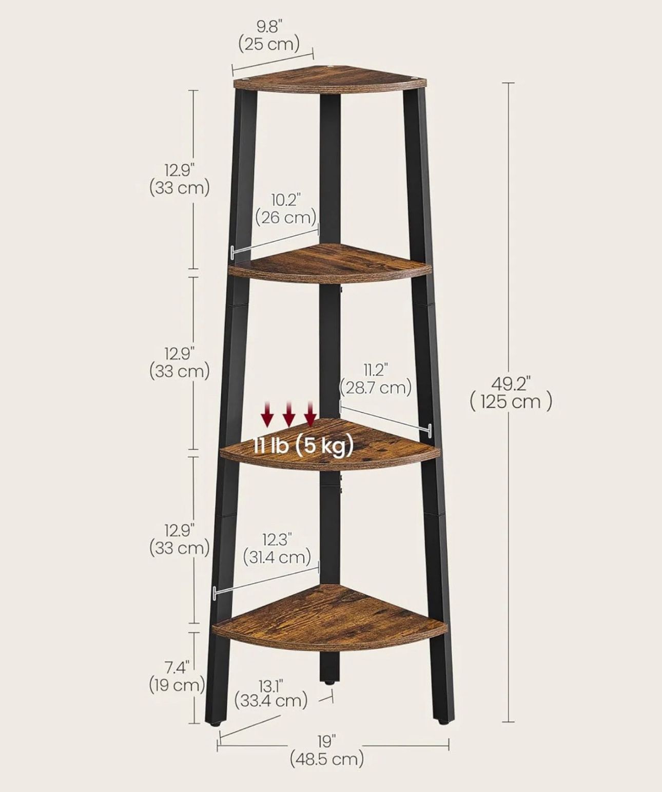VASAGLE 4-Tier Corner Shelf Stand Bookshelf Industrial Ladder Shelf - Brown