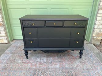 Restored Vintage Real Wood Buffet - Dark Walnut and Matte Black w/ Bronze Pulls