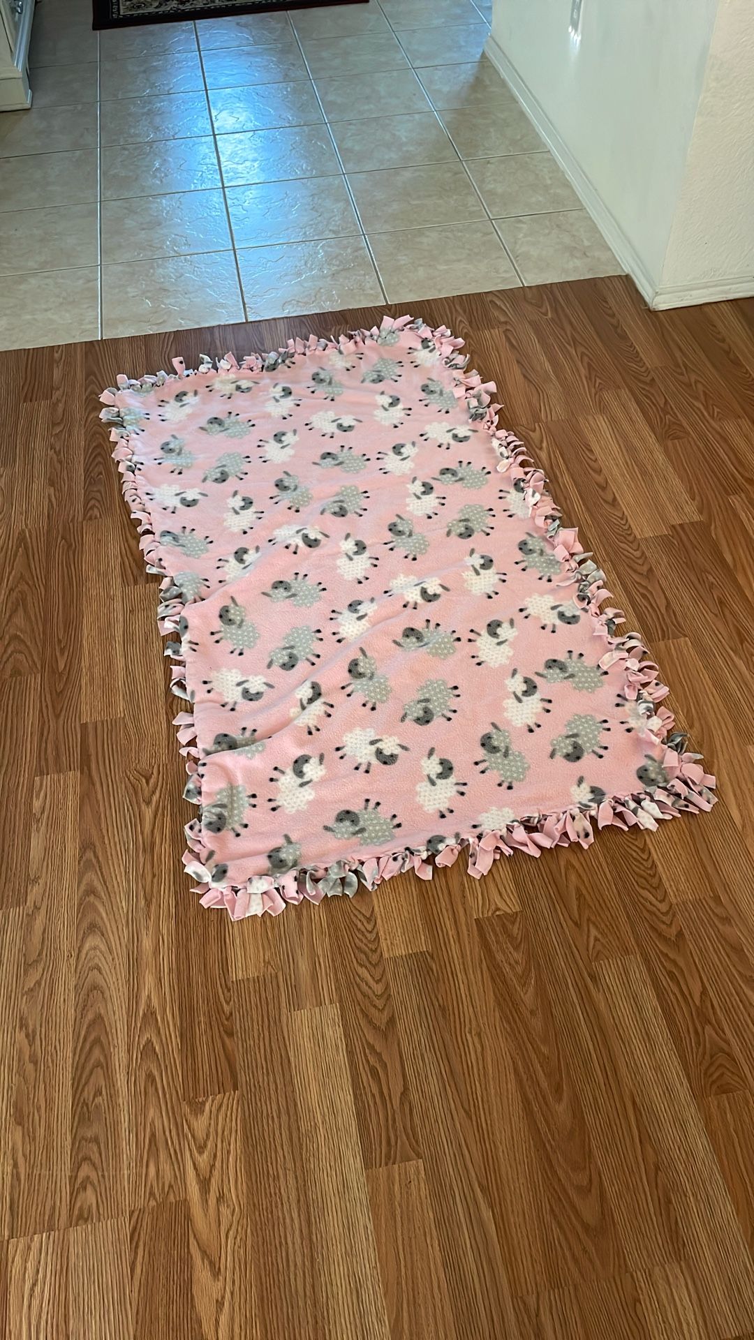 Pink With Lambs Hand Made Baby Blanket