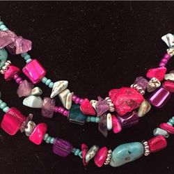 Necklace Colorful Glass Beads Stones Nuggets Faux Turquoise Red Purple 3 Strand