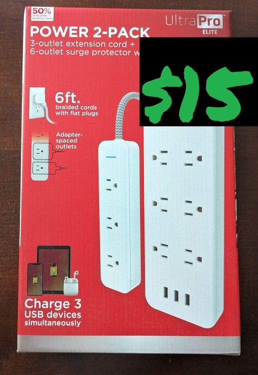 New Ultra Pro Elite 6ft Surge Protector w/ 3 USB + 6ft Extension Cord
