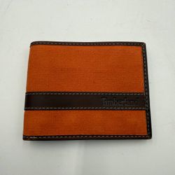 Timberland Orange Canvas & Brown Leather Bifold Wallet – ID Window & Card Slots