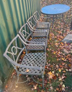 (6) Piece Cast Aluminum Patio Dining Set (4) Chairs-Table & Umbrella Stand