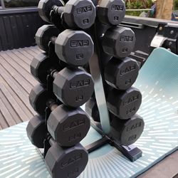 SET  OF  RUBBER  CAP  DUMBBELLS (PAIRS OF)  :  5s  10s  15s  20s  25s   &  PYRAMID  RACK