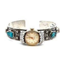 Navajo Turquoise Coral Silver Cuff Bracelet Watch By Artist D Lee GP3117951