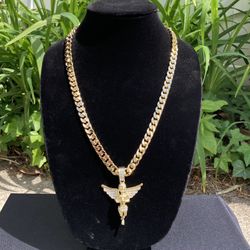 Gold Chain Cuban Necklace 24in 8mm And Icy Angel Pendant Set 