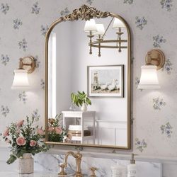 Antique Gold Mirror, 24"x 36" Vintage Arched Mirror for Wall, Retro Vanity Mirror