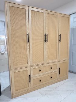 Modern Rattan Style Armoire / Boho Wardrobe Cabinet – Large Storage Closet