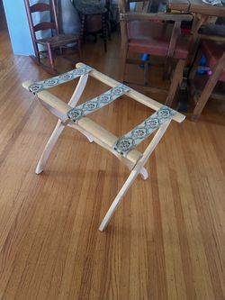 Vintage Wooden Luggage Rack Floral Taprestry Strap Butler Suitcase