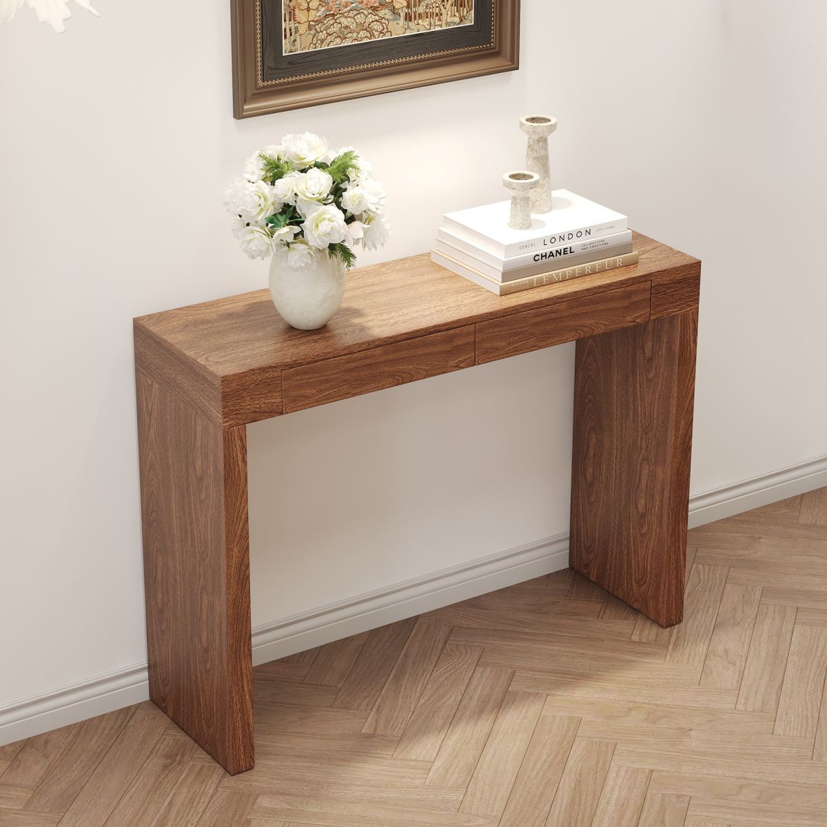 50" Dark Wood Minimalist Console Table w/ 2-Drawers [NEW] **Retails for $184 <Assembly Req>