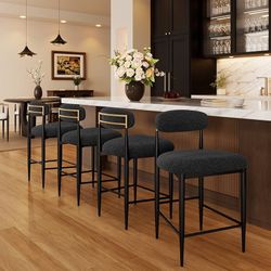 Modern Counter Height Bar Stools Set of 4, Black Upholstered Counter Stools with Gold Accent, 26" Boucle Island Chairs for Kitchen and Home Bar