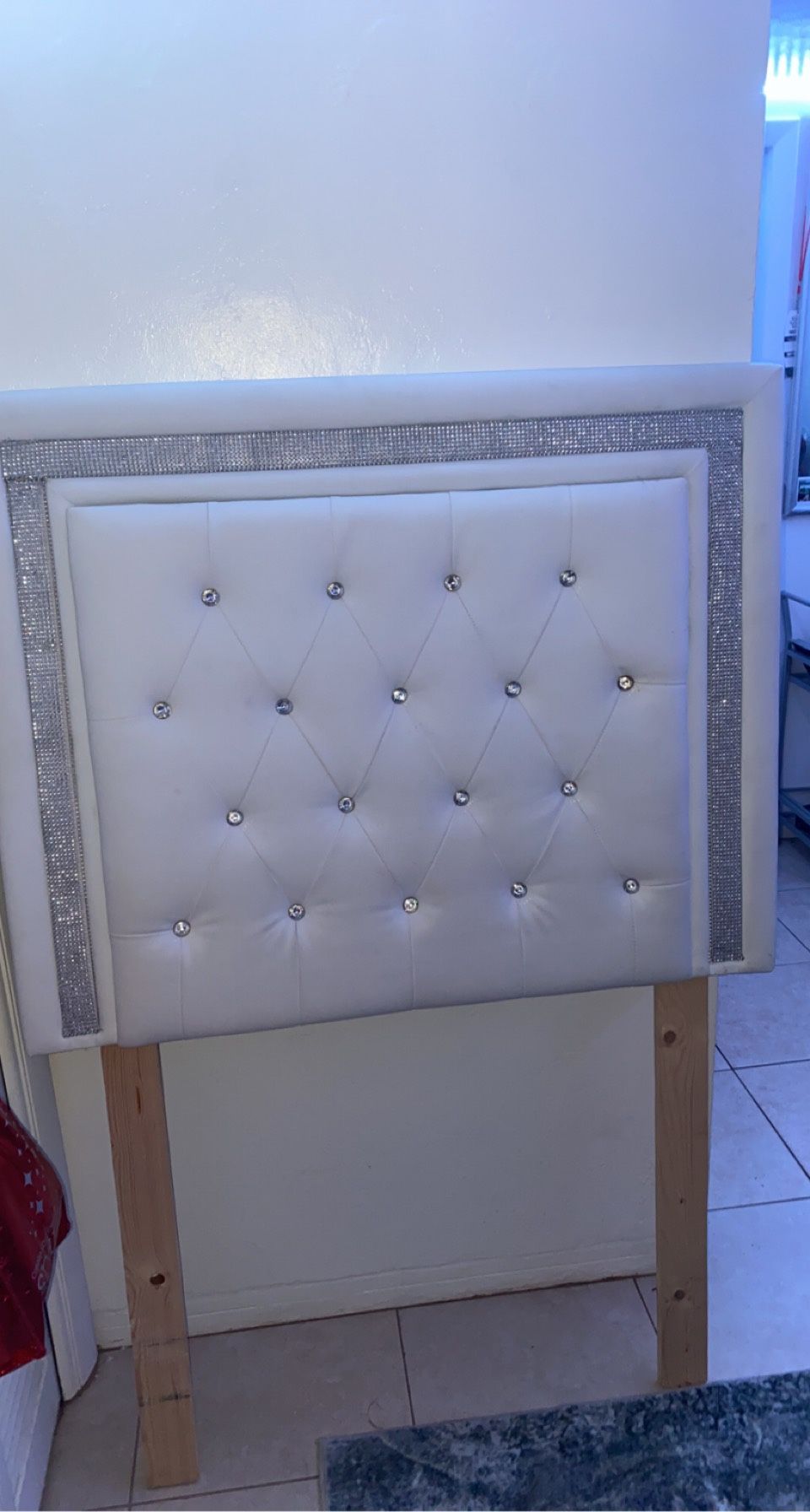 A girls all white diamond bedazzled headboard fits twin or twin XL bed