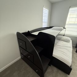 Twin-Over-Twin Bunk Bed with Pull-Out Bottom Bed & Storage – Good Condition