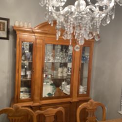 Beautiful Oak Hutch Lighted And Glass Shelves