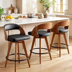 Barstools Set of 3,Bar Height Bar Stools for Kitchen Island,30.3 Inch Modern Upholstered Bar Chair, Swivel Bar Stools with Back and Wood Legs (Black-P