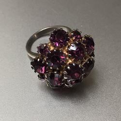 Vintage Amethyst  Purple/Pink Rhinestone Domed Adjustable Ring 