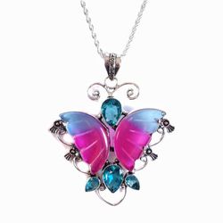 Sterling silver pink blue tourmaline and topaz butterfly on 20 inch necklace