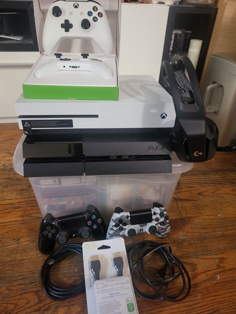 Reduced Price: (Both) 2 Consoles: Ps4 & Xbox One S. W/ games ,4 Controllers + A Headset