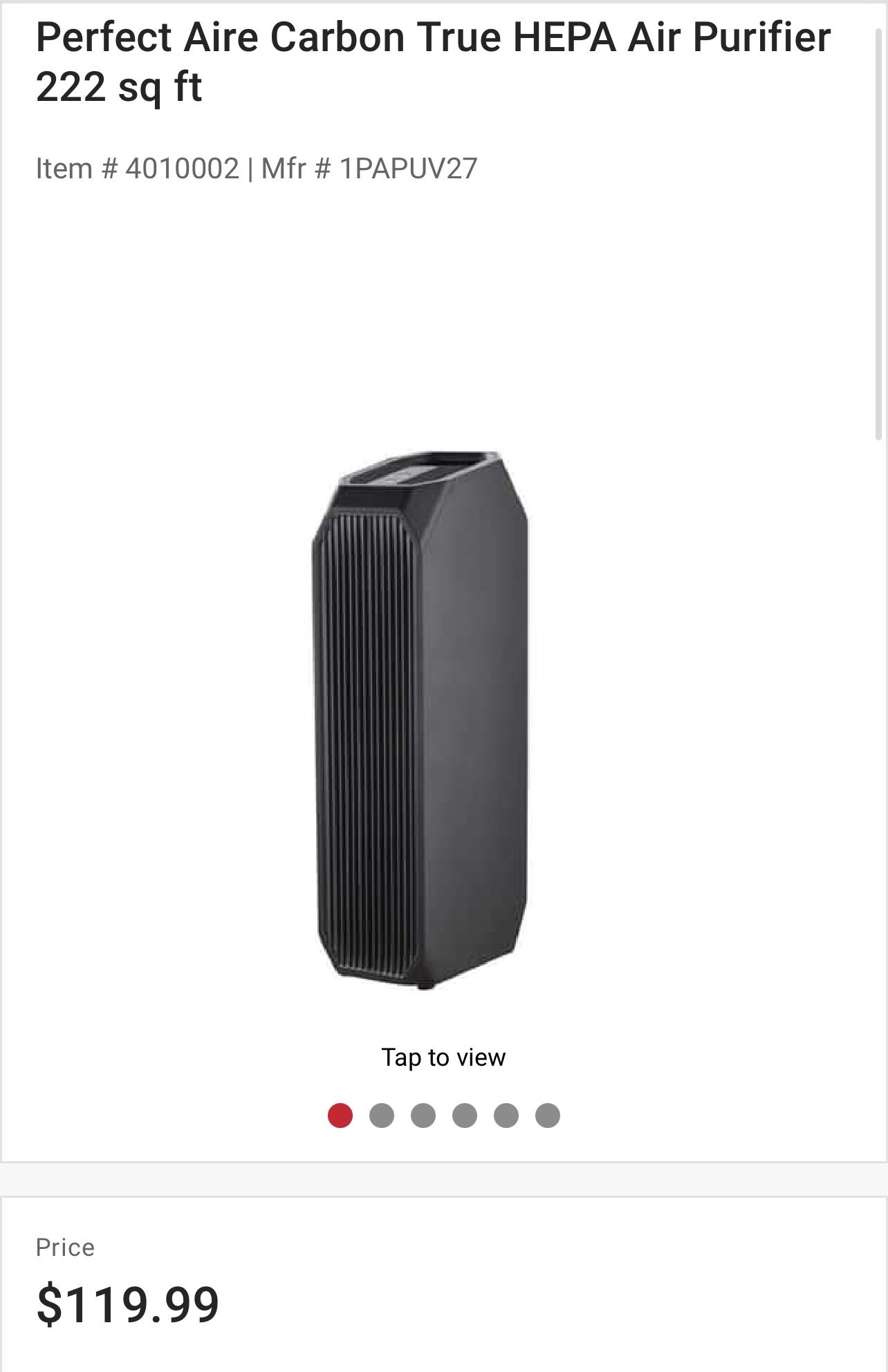 Perfect Aire Carbon True HEPA Air Purifier 222 sq ft