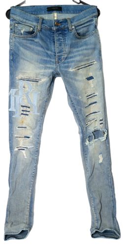 Amiri Men's Staggered Logo Skinny Jeans Light Blue Denim Size 29, 45 IT