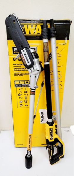cordless pole saw has a 20V MAX brushless motor and an 8-inch bar. This yellow and black tool includes a three-piece pole system that extends up to 10