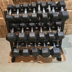 (New In Box) 5-50lb Rubber Hex Dumbbells With 3 Tier Dumbbell Rack Weights - Click On Out Profile For More Gym Equipment 