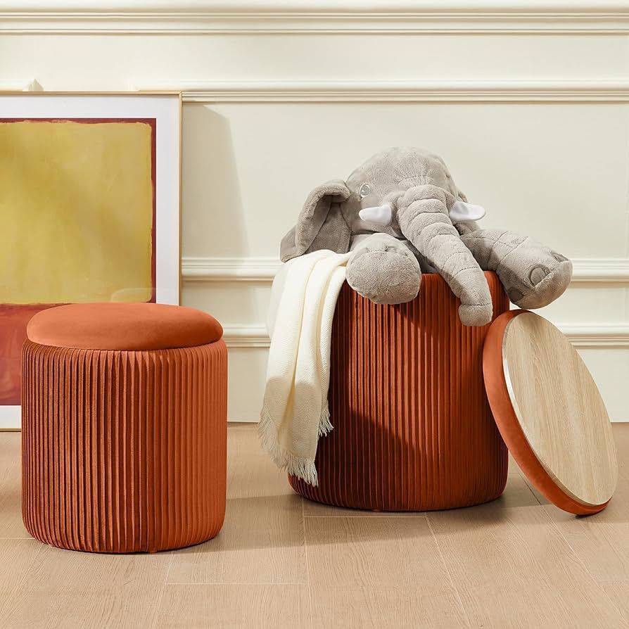 Round Ottoman with Storage Set of 2 Upholstered Velvet Makeup Vanity Stool Chair Footrest Multifunctional Support 300lbs Padded Seat for Liv