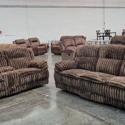 ✅️✅️2 pc chocolate wide welt corduroy sofa with drop down tray and love seat with cup console with recliners on the ends✅️