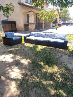 Five person patio sofa set outdoor patio furniture Brown wicker blue cushion patio sofa set ☑️🆕🚎✈️🚚