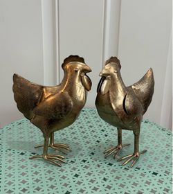 Pair of Farmhouse Mid Century Gold Metal Etched Hens Figures