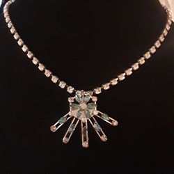 1950s Blue & Clear RHINESTONE BROOCH  PENDANT on RHINESTONE CHOKER