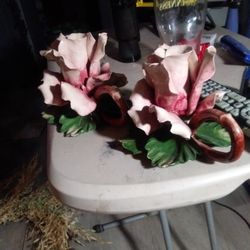 Capodimonte. Brassano Porcelain Ceramic Pink Rose Cancel Holders Set 