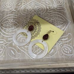 White Shell Earrings with Red Teardrop Beads
