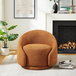 Swivel Barrel Chair, Upholstered Modern Round Accent Arm Chairs, 360° Swivel Single Sofa Armchair for Living Room and Bedroom, Curry Boucle