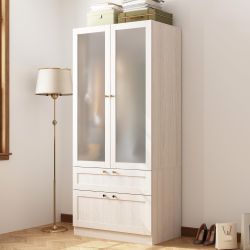 Wardrobe Cabinet with Frosted Glass Doors, Wooden Armoire Closet with 2 Drawers & Hanging Rod, Modern Bedroom Wardrobe Armoire Closet for Storage Orga