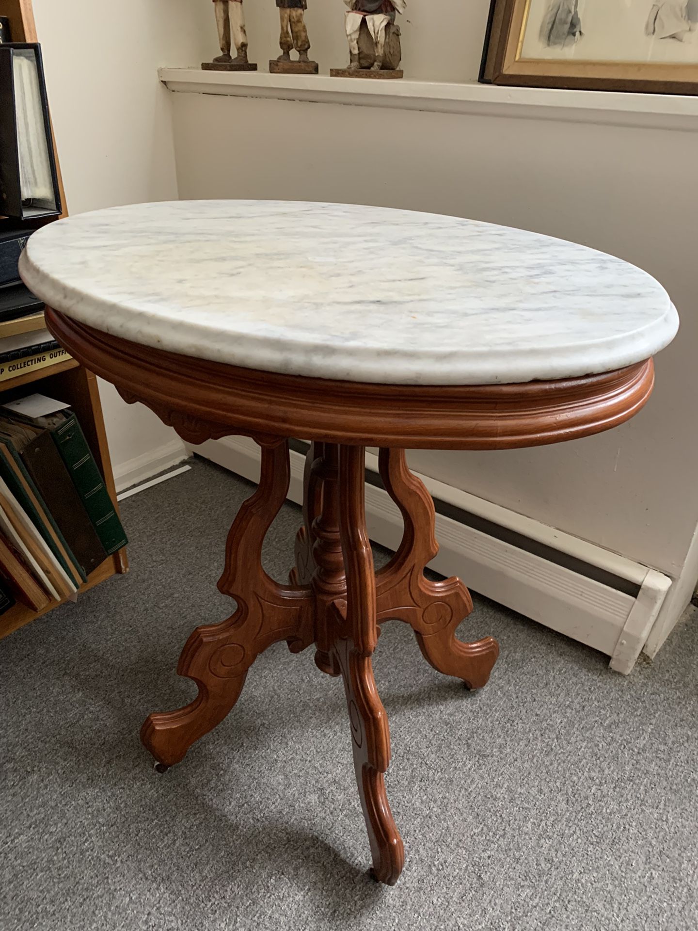 Antique Marble Oval Top Table Maple Base