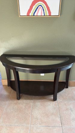 Dark Wood Demilune Console Table with Glass Top
