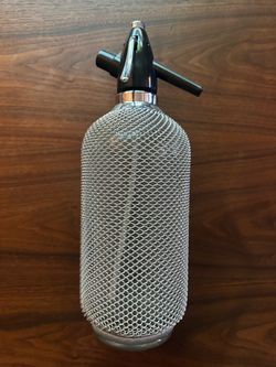 Vintage MCM Wire Mesh Glass Soda Siphon Seltzer Bottle Mid Century