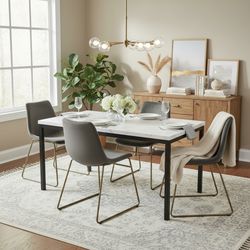 Homy Casa Cajon 63" White Marble Finish Dining Table Set with 4 Batassel Chairs Dining Room Living Room Display Sample